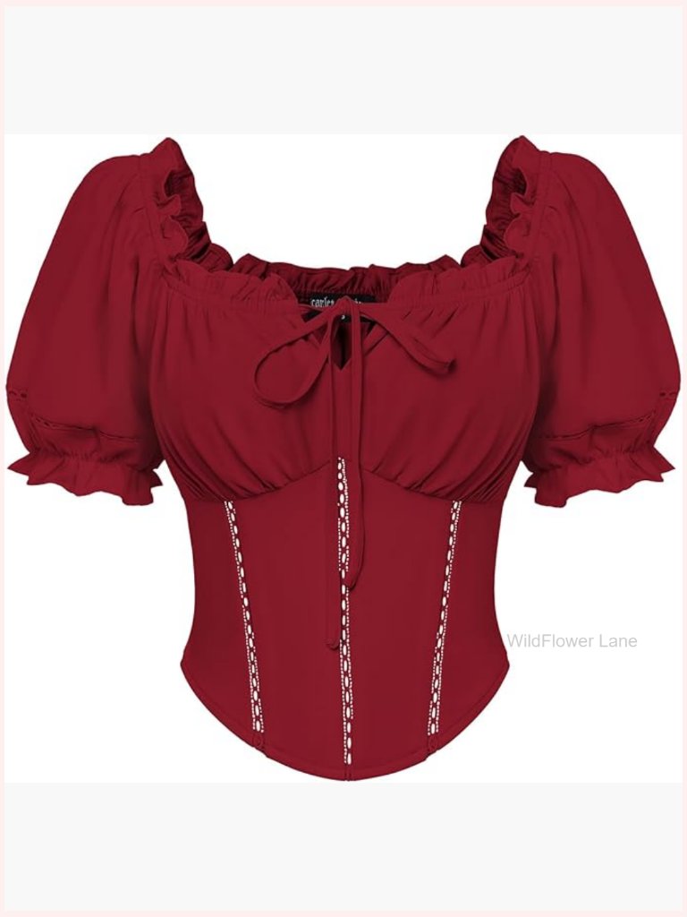 Vintage Corset Top Off Shoulder Puff Sleeves Renaissance Blouse